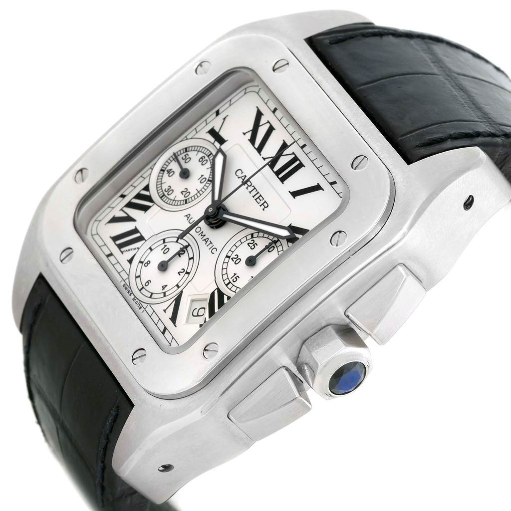 This Cartier Santos W20090X8 Men
s Stainless Steel Silver Dial W20090X8 Men
s Stainless Steel Silver Dial watch is shown at an angle highlighting its face, crown, and black leather strap.