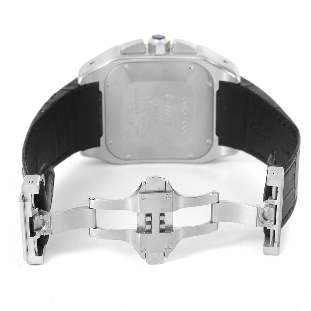 The image shows the back angle of a Cartier Santos W20090X8 Men
s Stainless Steel Silver Dial W20090X8 Men
s Stainless Steel Silver Dial watch, highlighting its case back and deployment clasp.