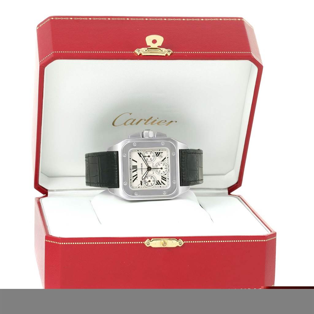 A Cartier Santos W20090X8 Men
s Stainless Steel Silver Dial W20090X8 Men
s Stainless Steel Silver Dial watch is shown front-facing inside an open red Cartier box.