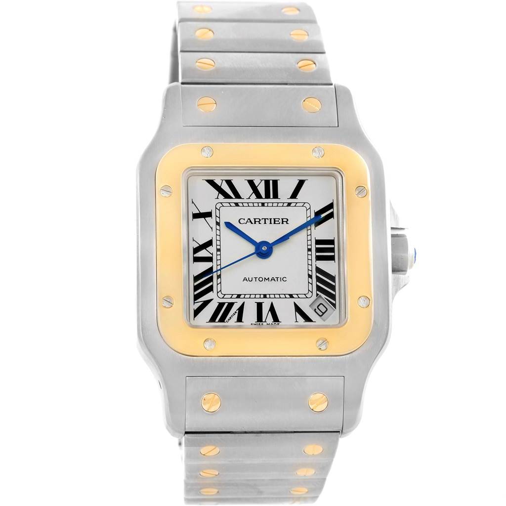 This image shows a frontal view of the Cartier Santos W20099C4 Men
s Stainless Steel Silver Dial W20099C4 Men
s Stainless Steel Silver Dial watch, highlighting the face, bezel, and bracelet.
