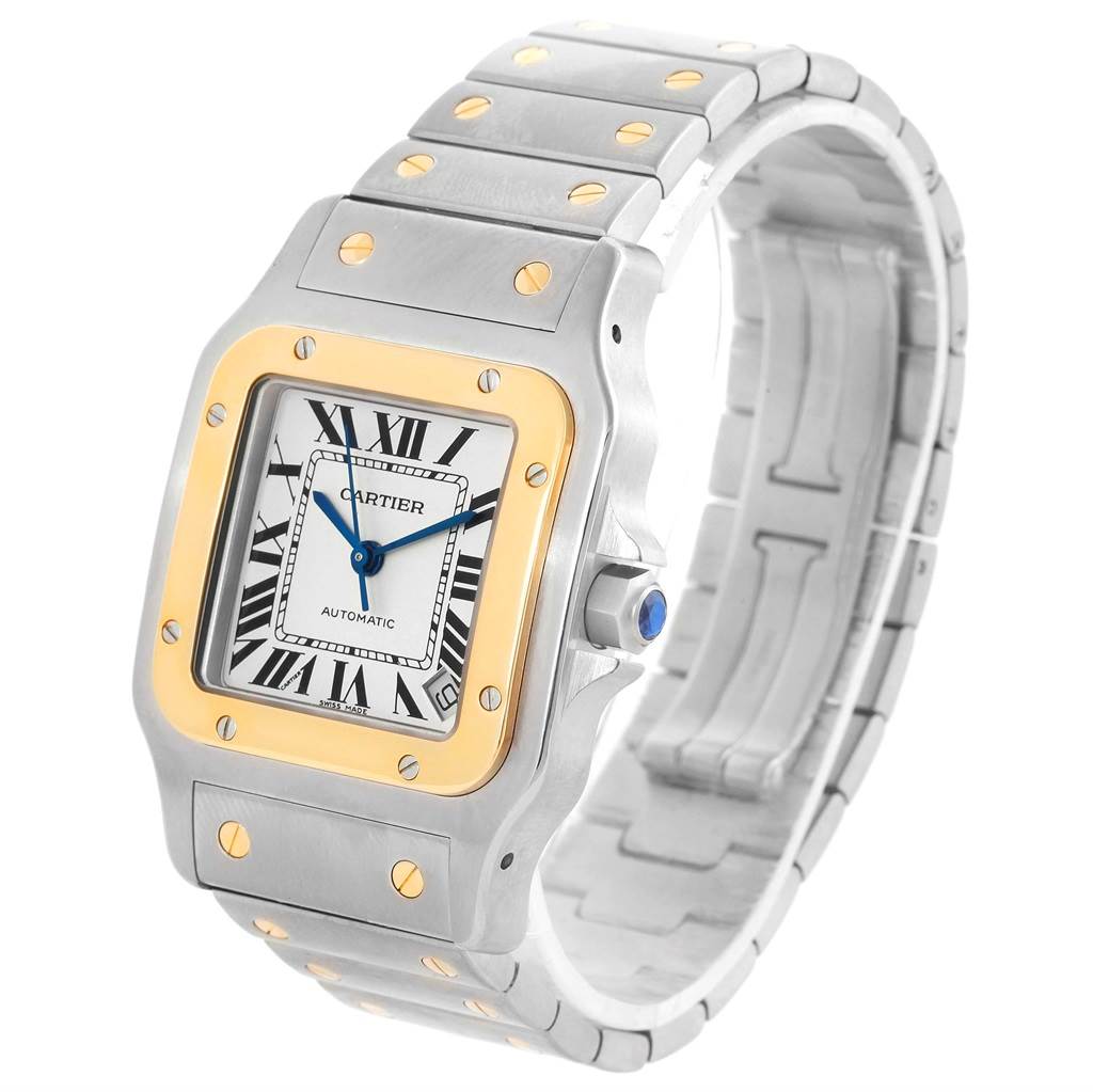 The image shows a Cartier Santos W20099C4 Men
s Stainless Steel Silver Dial W20099C4 Men
s Stainless Steel Silver Dial watch from a front angle, highlighting its face, bezel, bracelet, and crown.
