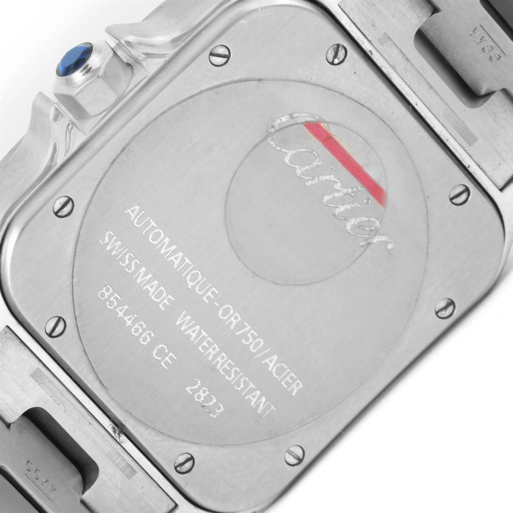 This image shows the back casing and part of the band of a Cartier Santos W20099C4 Men
s Stainless Steel Silver Dial W20099C4 Men
s Stainless Steel Silver Dial watch.