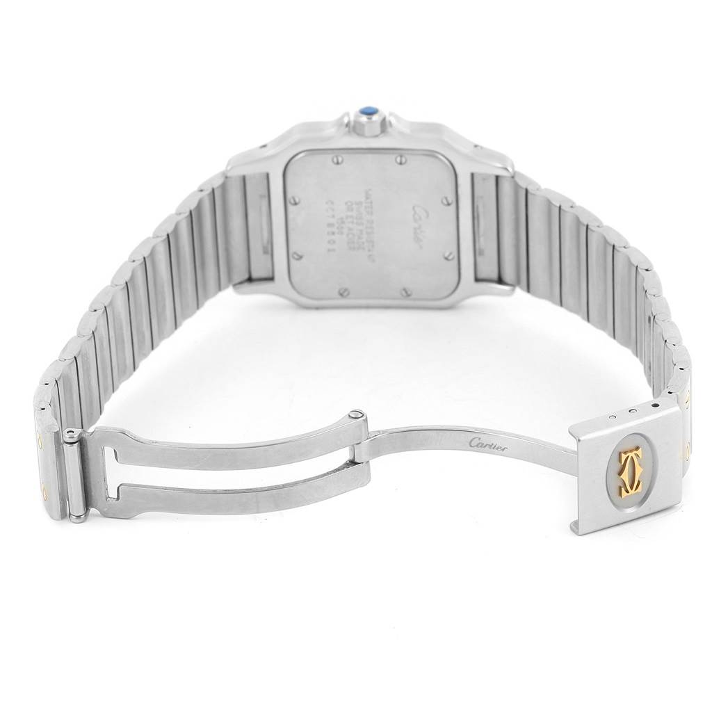 The image shows the back view of a Cartier Santos 1566 Stainless Steel Silver Dial 1566 Stainless Steel Silver Dial watch with its metal bracelet and deployment clasp open.