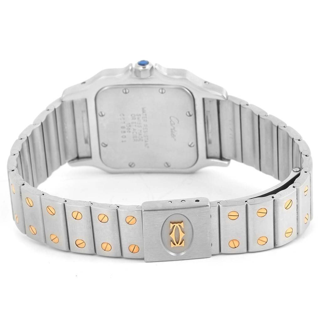 The image shows the back and bracelet of a Cartier Santos 1566 Stainless Steel Silver Dial 1566 Stainless Steel Silver Dial watch, highlighting its clasp and detailed screw accents.