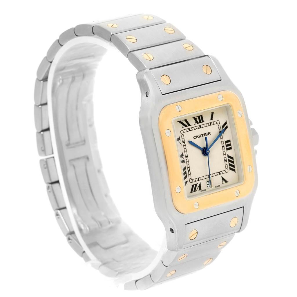 The image shows a side and frontal angle of the Cartier Santos 1566 Stainless Steel Silver Dial 1566 Stainless Steel Silver Dial watch, focusing on the dial, bezel, and bracelet.