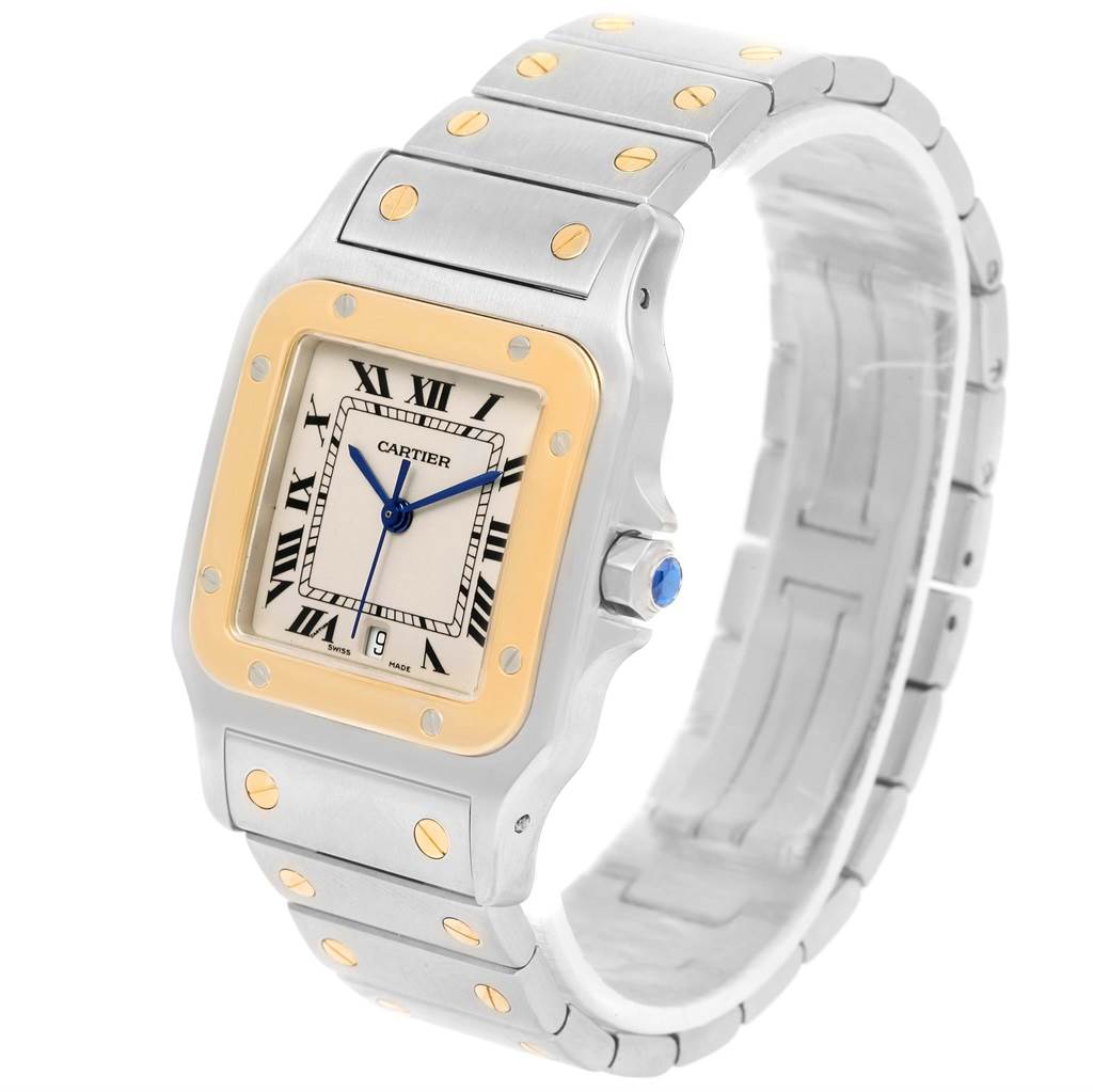 This image shows a Cartier Santos 1566 Stainless Steel Silver Dial 1566 Stainless Steel Silver Dial watch from an angled side view, highlighting its rectangular face, Roman numerals, and metal bracelet.