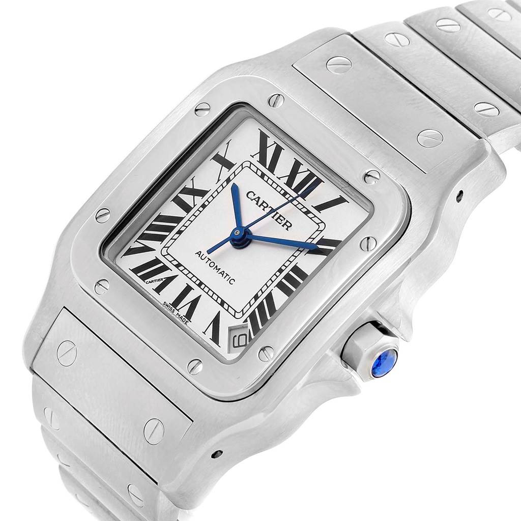 The image shows a top-view angle of the Cartier Santos W20098D6 Men
s Stainless Steel Silver Dial W20098D6 Men
s Stainless Steel Silver Dial watch, highlighting the face, bezel, and part of the bracelet with screws.