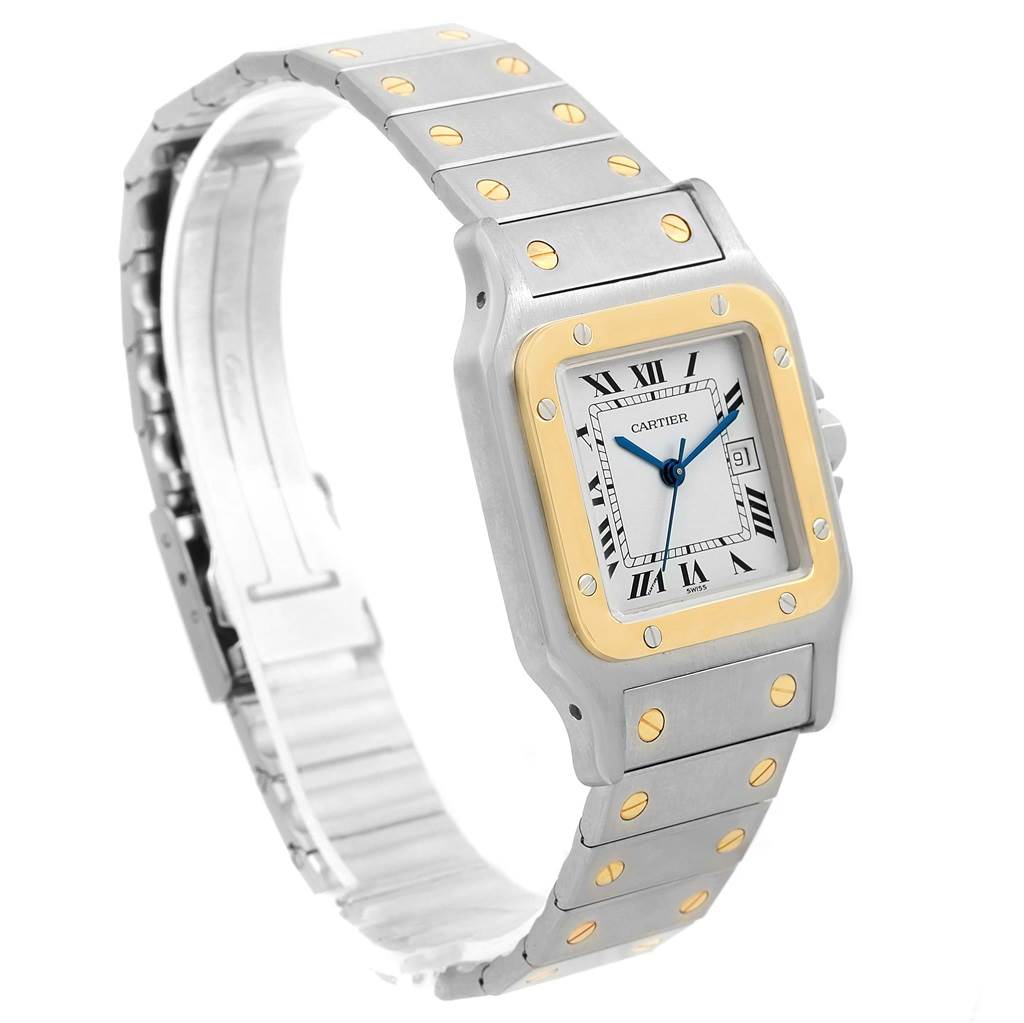 The image shows a Cartier Santos W20058C4 Men
s Stainless Steel Silver Dial W20058C4 Men
s Stainless Steel Silver Dial watch at a side angle, displaying the face, bezel, and bracelet with visible screws.