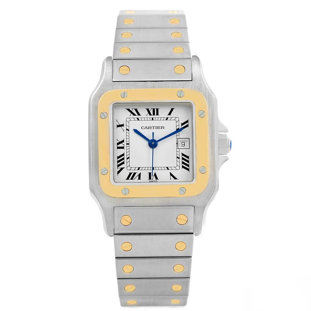 The image shows a front view of the Cartier Santos W20058C4 Men
s Stainless Steel Silver Dial W20058C4 Men
s Stainless Steel Silver Dial watch, displaying the face, bezel, and bracelet.