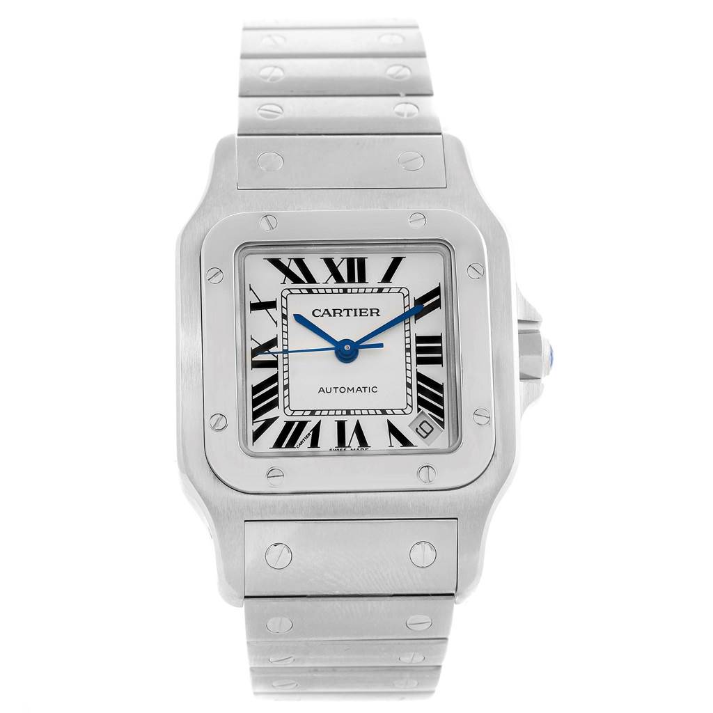 This image shows a front view of a Santos model watch by Cartier, highlighting its face, bezel, and bracelet.