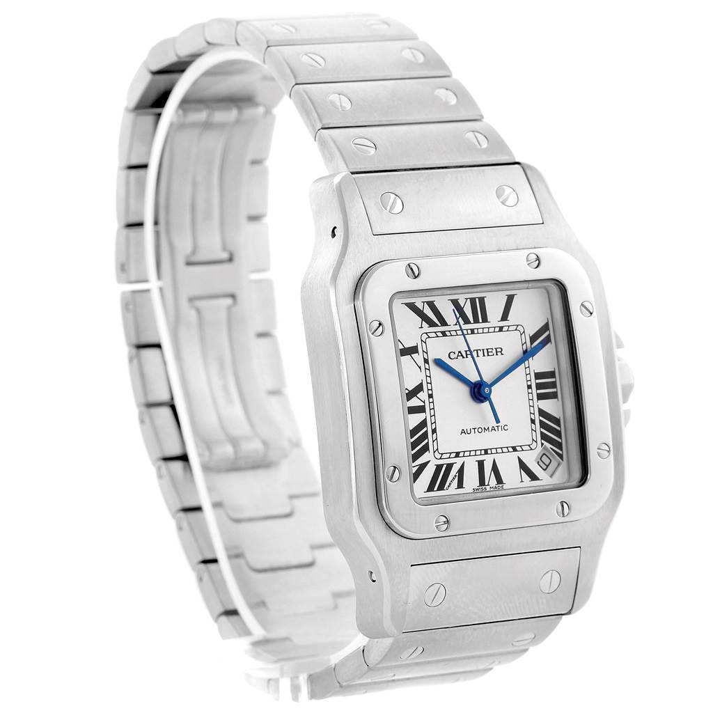 The image shows a Cartier Santos W20098D6 Men's Stainless Steel Silver Dial W20098D6 Men's Stainless Steel Silver Dial watch from an oblique angle, highlighting the face, bezel, crown, and bracelet.