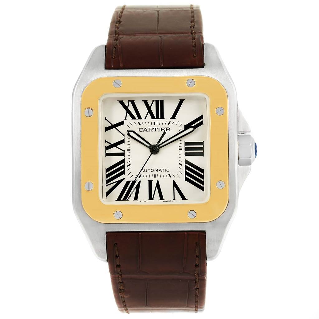 The image shows a frontal view of a Cartier Santos W20072X7 Men
s Stainless Steel Silver Dial W20072X7 Men
s Stainless Steel Silver Dial watch, displaying the watch face, bezel, case, and leather strap.