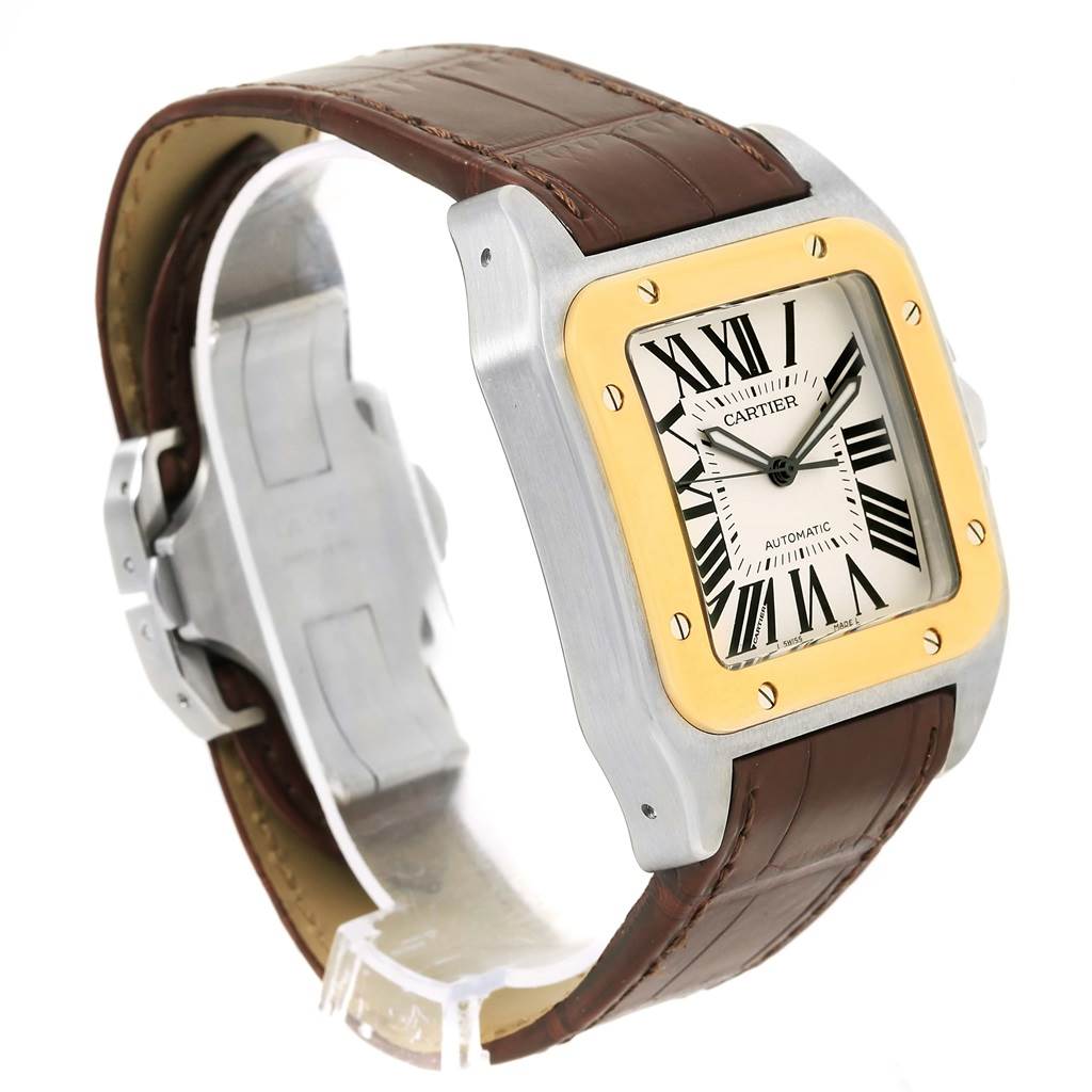 The image shows a side angle of a Cartier Santos W20072X7 Men
s Stainless Steel Silver Dial W20072X7 Men
s Stainless Steel Silver Dial watch, displaying its dial, case, bezel, strap, and clasp.