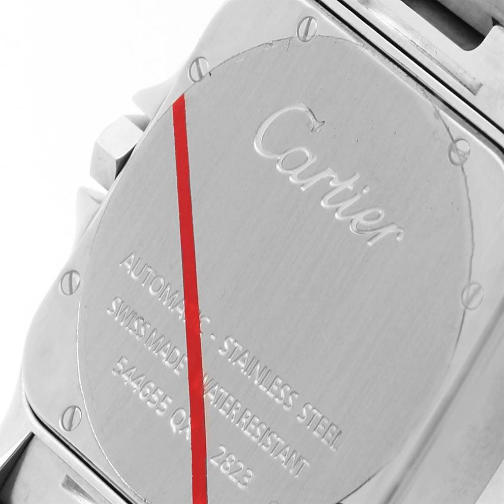 The image shows the back case of a Cartier Santos W20098D6 Stainless Steel Silver Dial W20098D6 Stainless Steel Silver Dial watch engraved with brand details.
