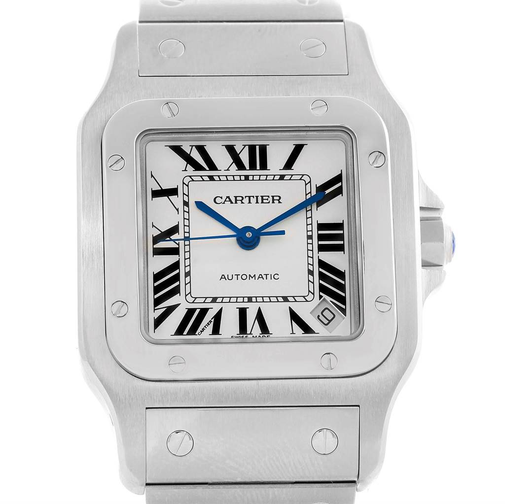 This image shows a front view of the Cartier Santos W20098D6 Stainless Steel Silver Dial W20098D6 Stainless Steel Silver Dial model, highlighting its square dial, Roman numerals, and metal bracelet.