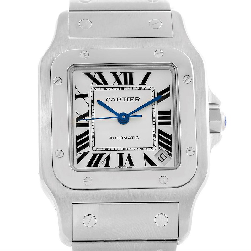 This image shows a front view of the Cartier Santos model, highlighting its square dial, Roman numerals, and metal bracelet.