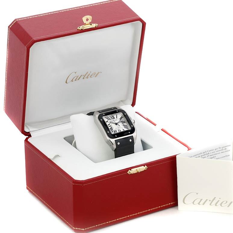 Cartier Santos 100 Stainless Steel Black Rubber Watch W20121U2 ...