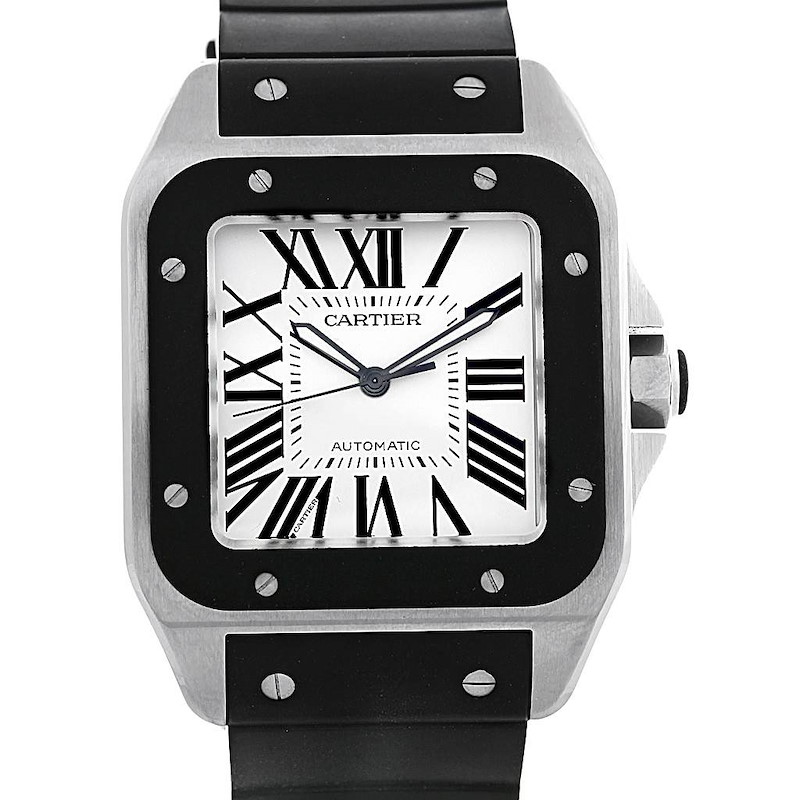 This image shows a front view of the Cartier Santos watch, highlighting the face, bezel, and part of the strap.