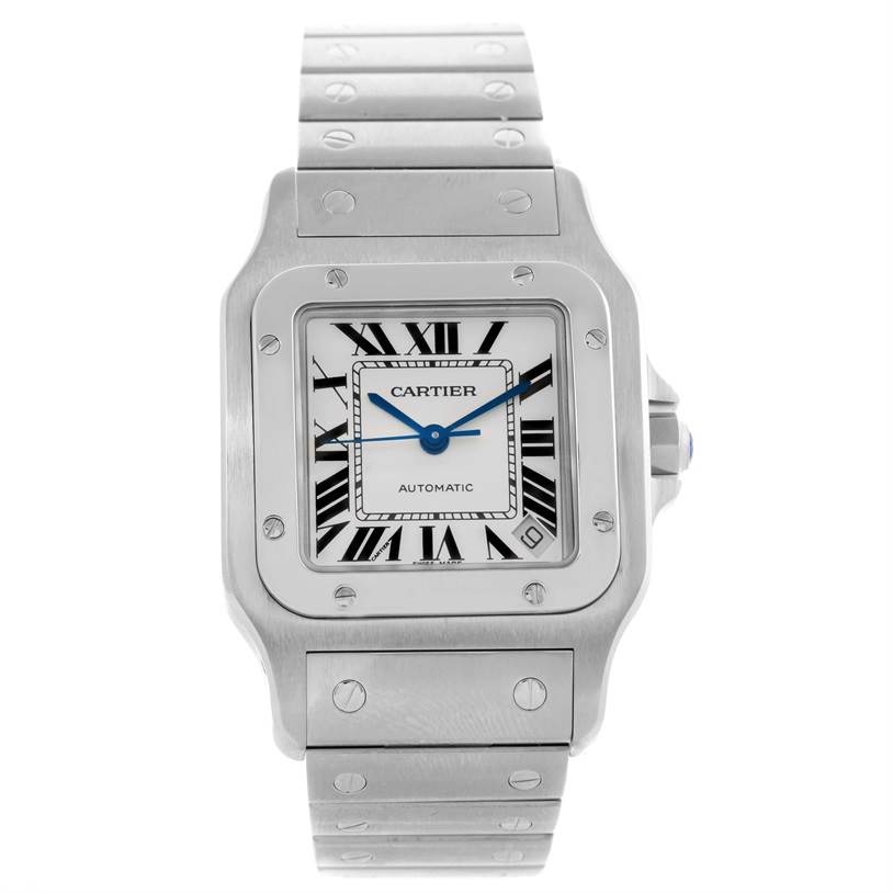 The image shows a front view of a Cartier Santos W20098D6 Men's Stainless Steel Silver Dial W20098D6 Men's Stainless Steel Silver Dial watch, highlighting its square face, bezel, and metal strap.