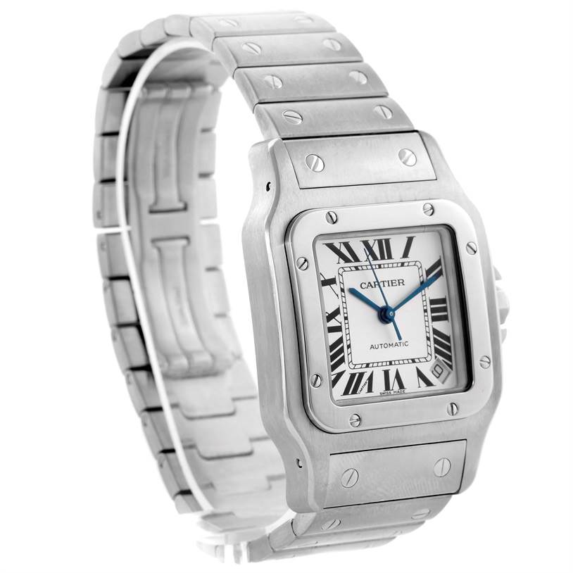 The Cartier Santos W20098D6 Men's Stainless Steel Silver Dial W20098D6 Men's Stainless Steel Silver Dial watch is shown at an angle highlighting the face, bezel, and metal bracelet.