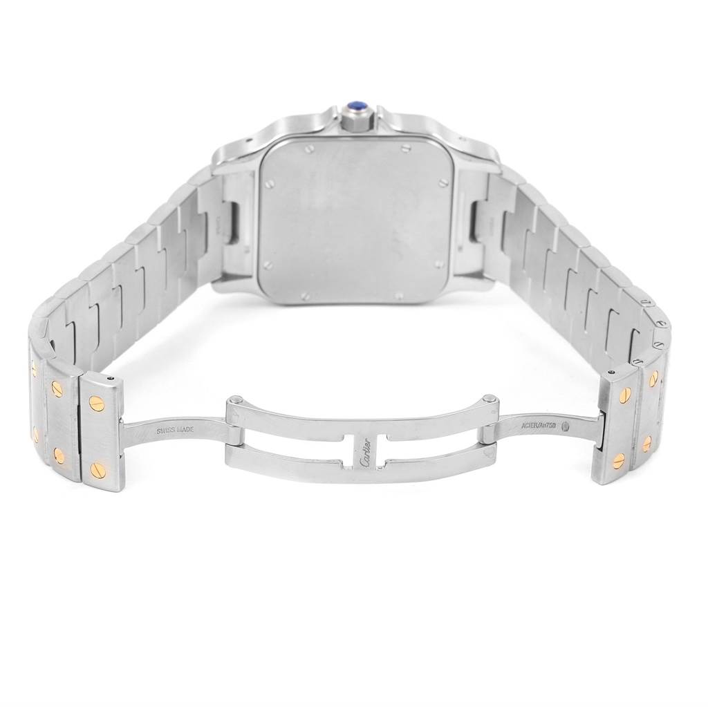 The image shows the back and the open bracelet of a Cartier Santos W20099C4 Men
s Stainless Steel Silver Dial W20099C4 Men
s Stainless Steel Silver Dial watch, highlighting the clasp and the exposed lugs.