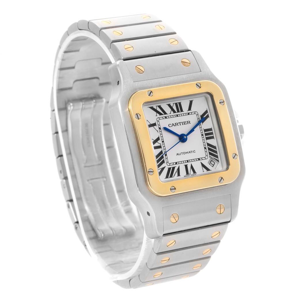The image shows a Cartier Santos W20099C4 Men
s Stainless Steel Silver Dial W20099C4 Men
s Stainless Steel Silver Dial watch at a three-quarter angle, highlighting its bezel, dial, and bracelet.