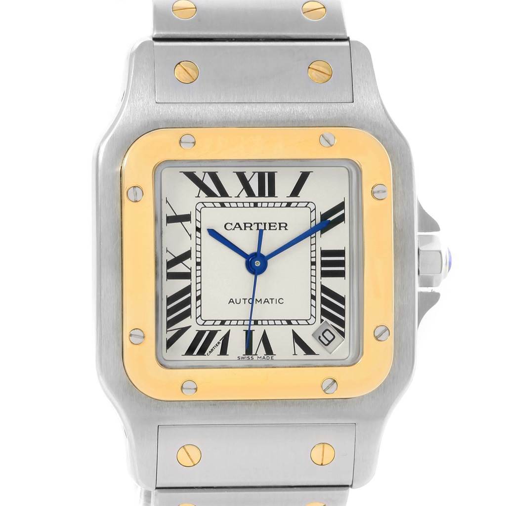 This image shows a front view of the Cartier Santos W20099C4 Men
s Stainless Steel Silver Dial W20099C4 Men
s Stainless Steel Silver Dial watch, highlighting its dial, bezel, and part of the bracelet.