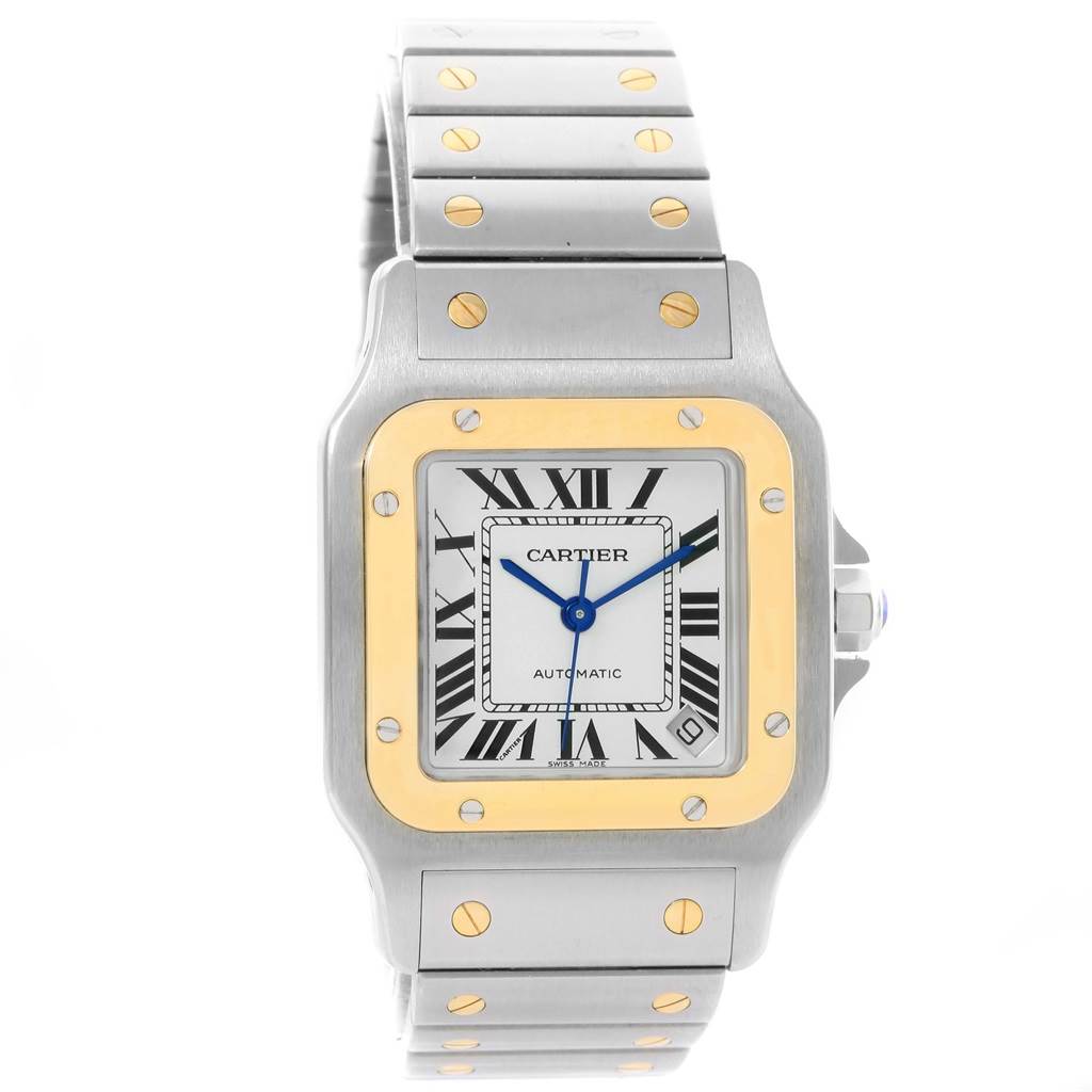 The image shows a frontal view of a Cartier Santos W20099C4 Men
s Stainless Steel Silver Dial W20099C4 Men
s Stainless Steel Silver Dial watch, displaying its face, bezel, and part of the bracelet.