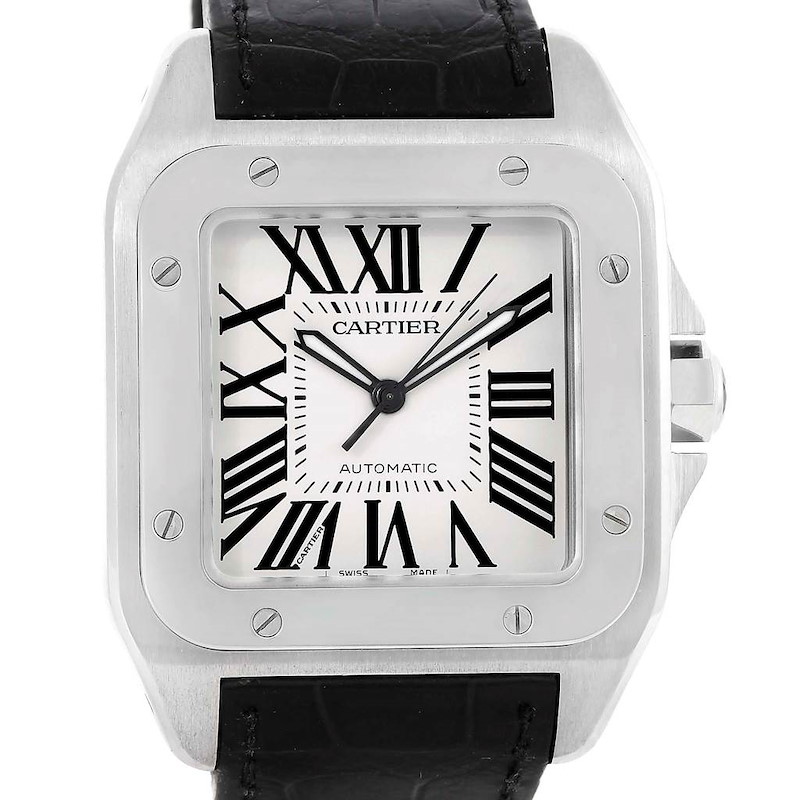 This image shows a frontal view of a Cartier Santos watch, featuring the dial, bezel, crown, and part of the black leather strap.