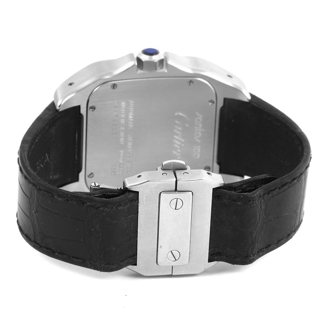 This image shows the back side of the Cartier Santos W20073X8 Men
s Stainless Steel Silver Dial W20073X8 Men
s Stainless Steel Silver Dial watch, highlighting the clasp and case back.