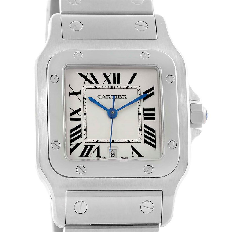 The Cartier Santos watch is shown from a front angle, displaying the face, bezel, and part of the bracelet.