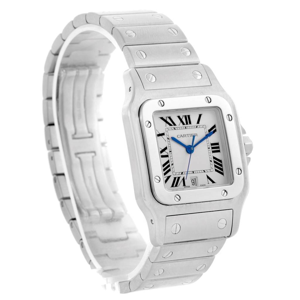 The image shows a Cartier Santos W20060D6 Stainless Steel Silver Dial W20060D6 Stainless Steel Silver Dial model watch at a three-quarter angle highlighting the face, bezel, and bracelet.