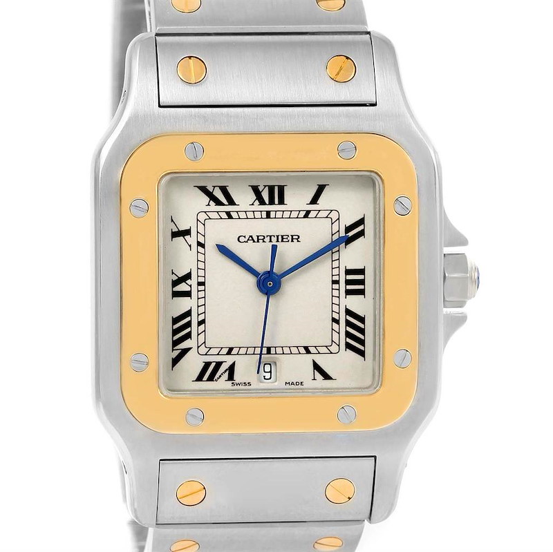 The Cartier Santos watch is shown from a front angle, displaying its face, bezel, and a portion of the bracelet.