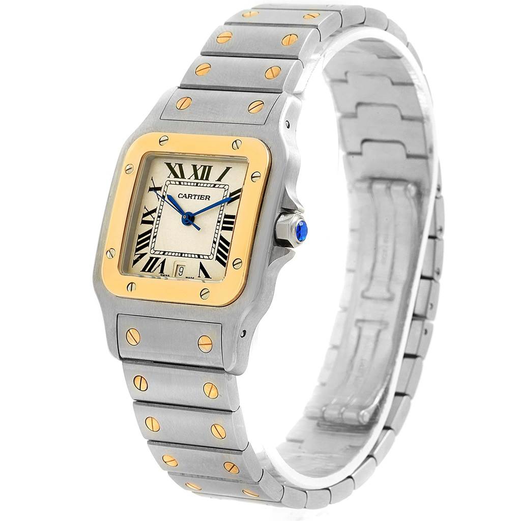 The image shows a Cartier Santos 1566 Stainless Steel Silver Dial 1566 Stainless Steel Silver Dial watch at a slight angle, displaying its face, bezel, and bracelet.