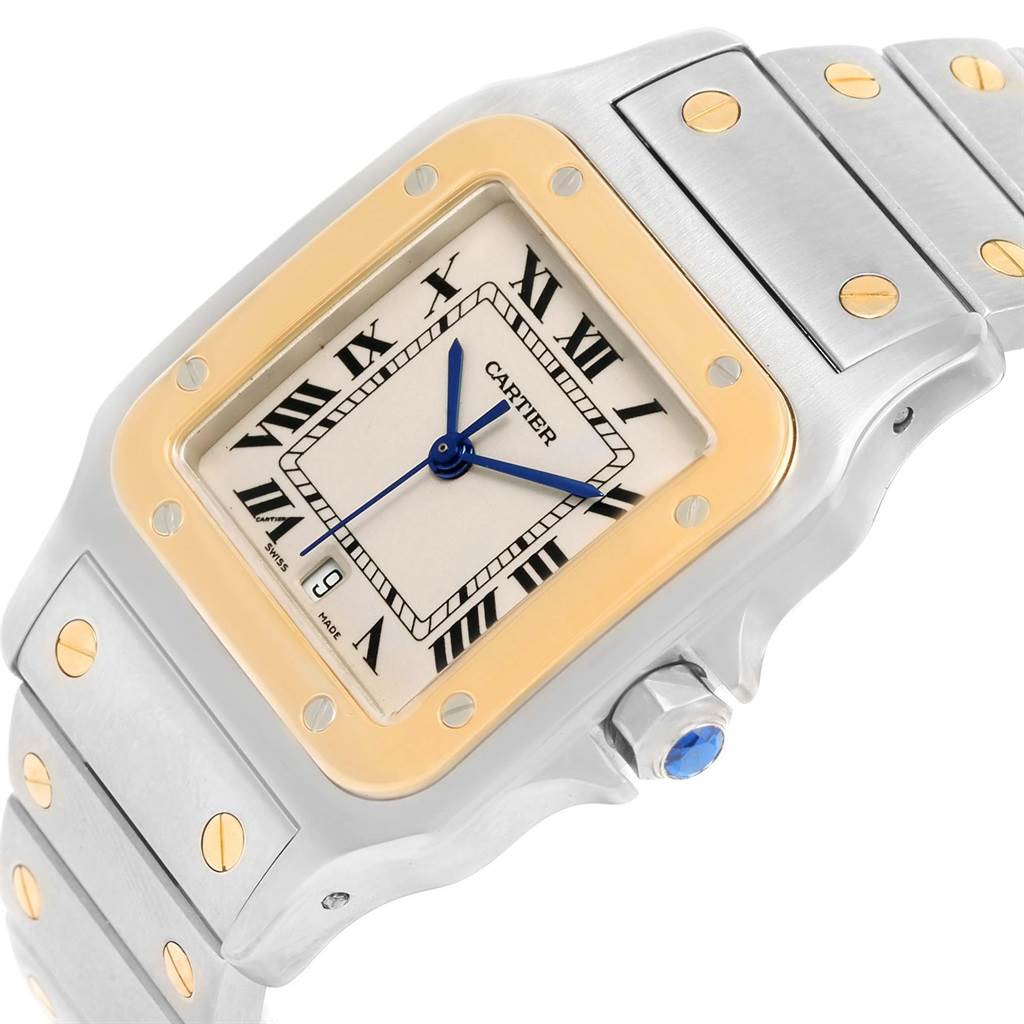 This image shows a close-up, angled view of the dial, bezel, case, and part of the bracelet of the Cartier Santos 1566 Stainless Steel Silver Dial 1566 Stainless Steel Silver Dial watch.