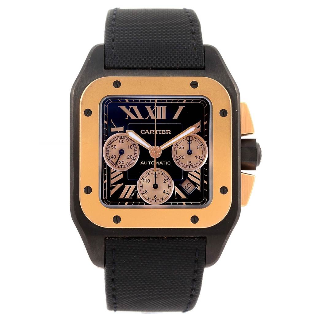 The image shows a front view of the Cartier Santos W2020004 Men's Titanium Black Dial W2020004 Men's Titanium Black Dial watch, highlighting its dial, bezel, and strap.