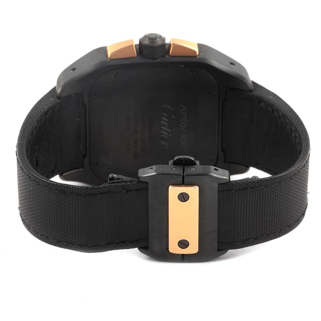 The image shows the back and clasp of a Santos model Cartier watch, highlighting the strap and case back details.