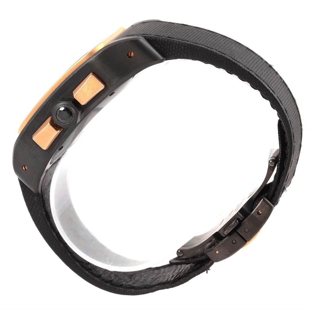 The image shows a side view of a Santos model by Cartier, highlighting the watch crown and strap.