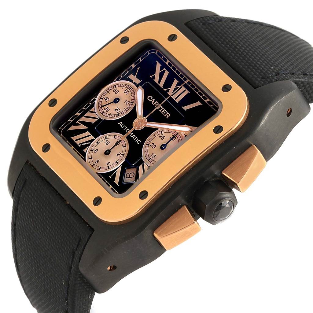 This is a close-up angle of the Cartier Santos W2020004 Men's Titanium Black Dial W2020004 Men's Titanium Black Dial watch, showing its dial, crown, bezel, and strap.