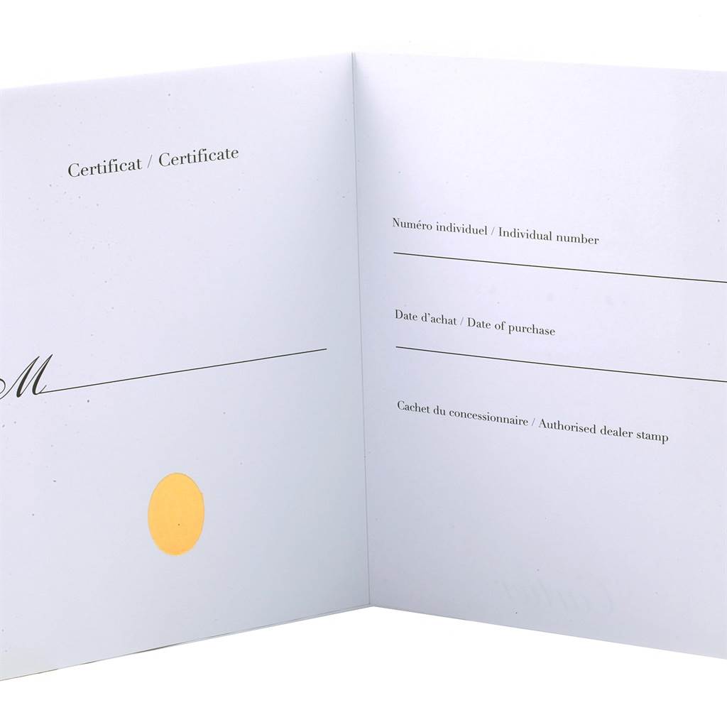 The image shows the open certificate booklet for the Cartier Santos W2020004 Men's Titanium Black Dial W2020004 Men's Titanium Black Dial model watch, with designated fields for individual number, purchase date, and dealer stamp.