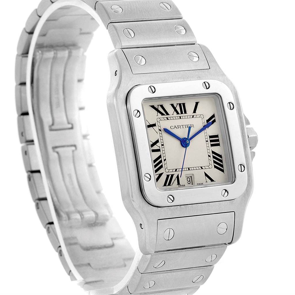 This image shows a Santos model by Cartier from an angled top-side view highlighting the watch face and metal band.