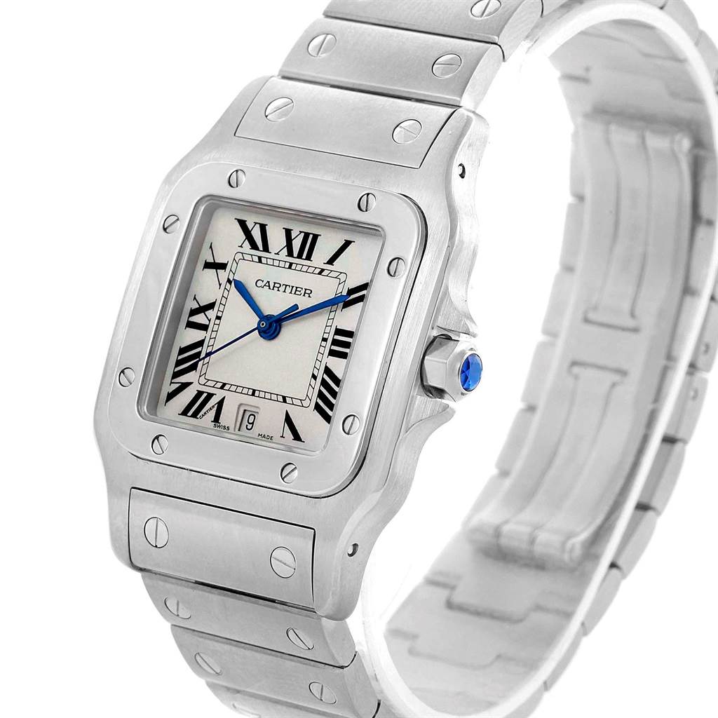 The image shows a Cartier Santos W20060D6 Stainless Steel Silver Dial W20060D6 Stainless Steel Silver Dial watch, highlighting its face, bracelet, and side view of the crown.