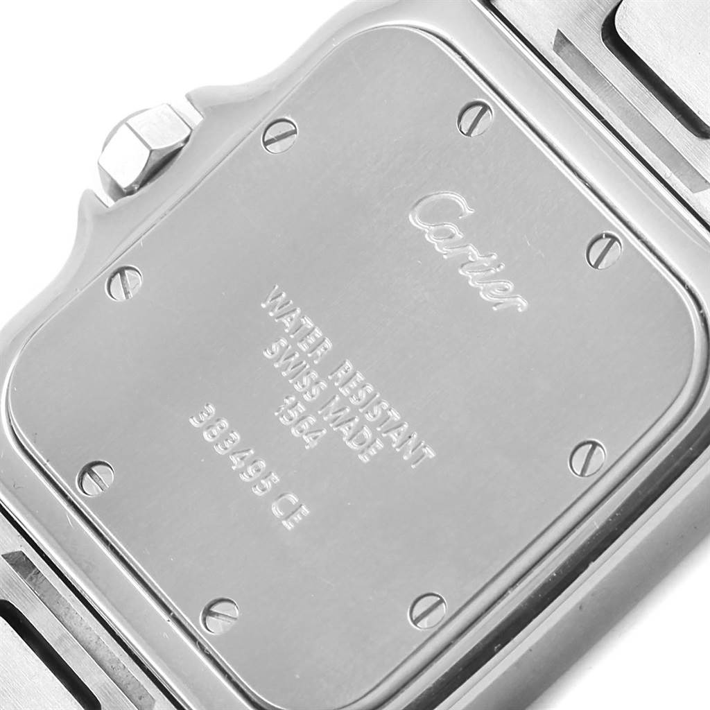 The image shows the back case of a Cartier Santos W20060D6 Stainless Steel Silver Dial W20060D6 Stainless Steel Silver Dial watch, displaying the brand name and water resistance details.