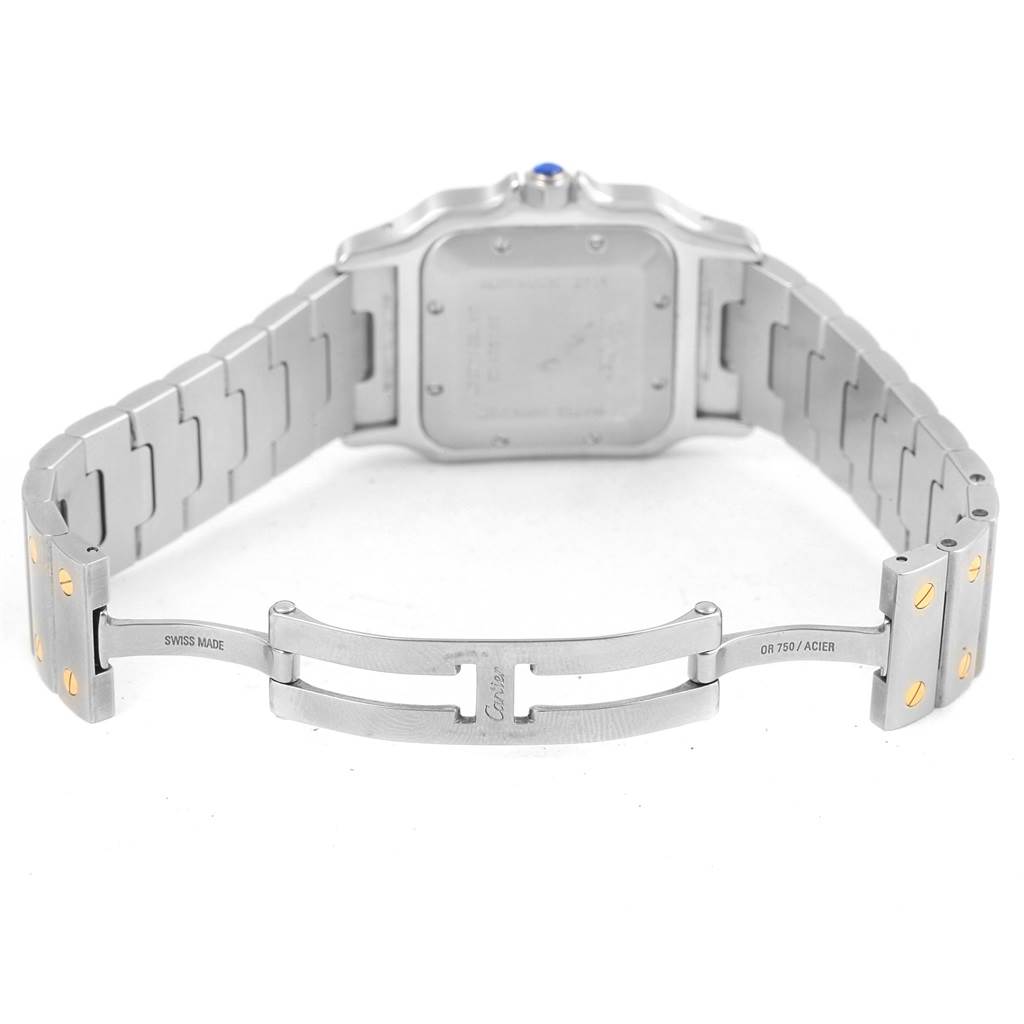 The image shows the back view and clasp of the Santos model watch by Cartier.
