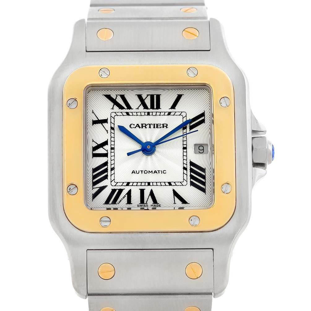 The Cartier Santos W20058C4 Stainless Steel Silver Dial W20058C4 Stainless Steel Silver Dial watch is shown from a top-down angle, displaying the face, bezel, and part of the bracelet.