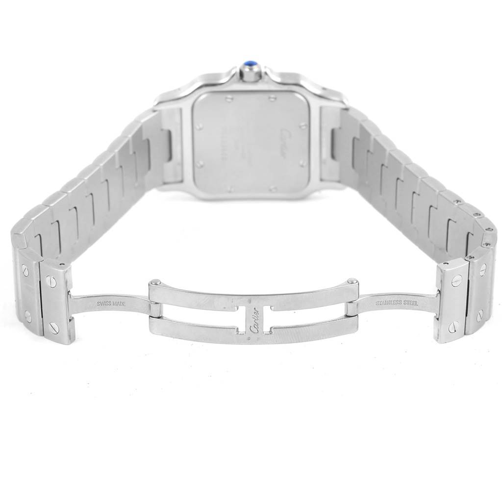 The image shows the back view of a Cartier Santos W20060D6 Stainless Steel Silver Dial W20060D6 Stainless Steel Silver Dial model watch, highlighting its stainless steel bracelet and clasp.