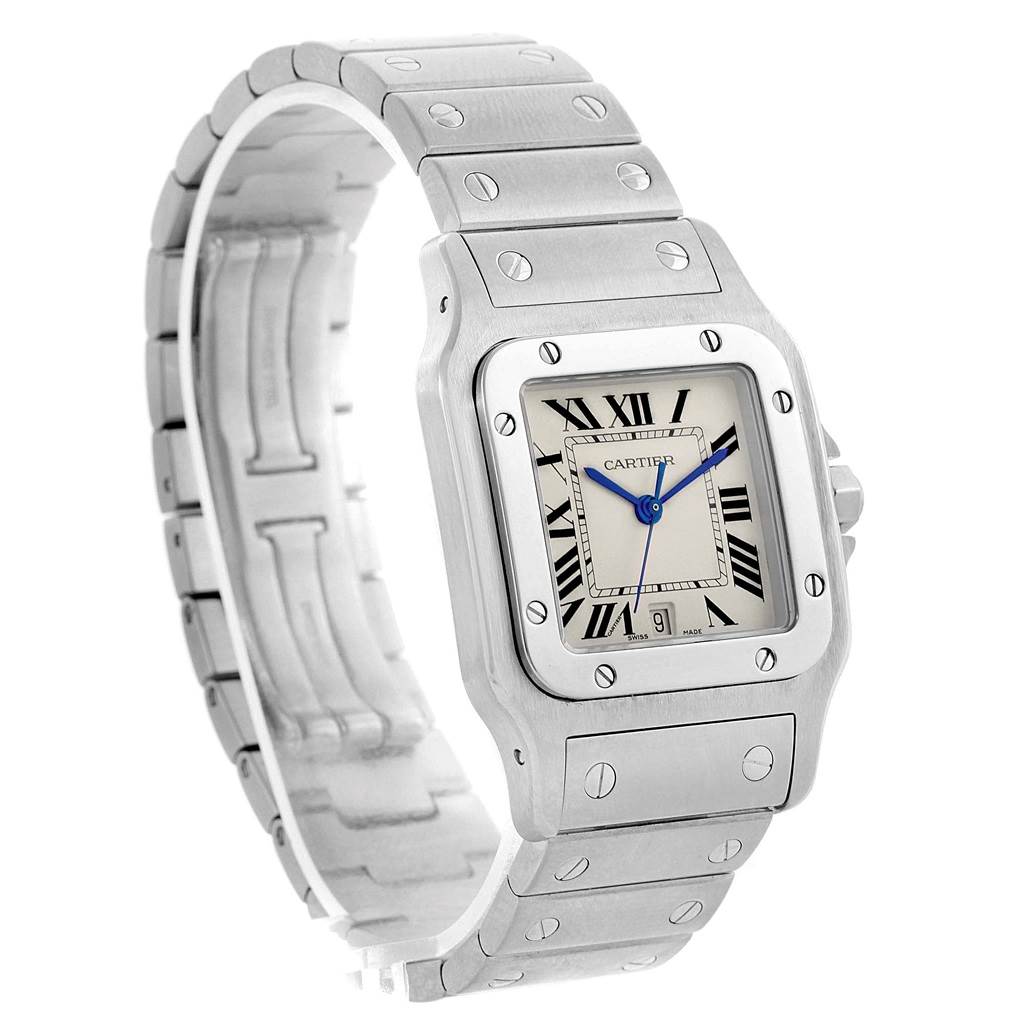 The image shows a Cartier Santos W20060D6 Stainless Steel Silver Dial W20060D6 Stainless Steel Silver Dial watch, focusing on the front dial, bracelet, and side profile from a slight angle.