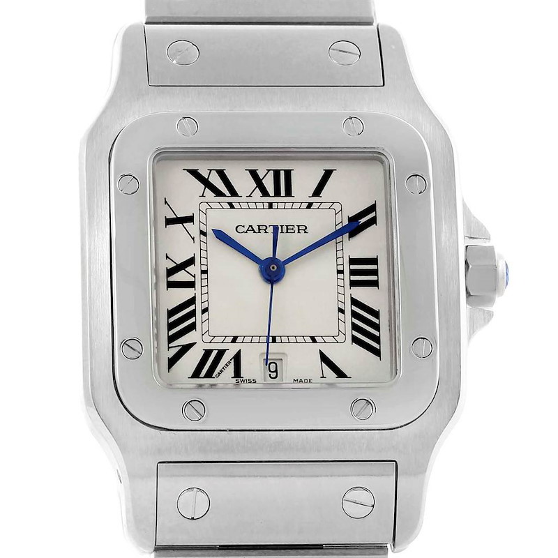 The image shows a front view of a Cartier Santos watch, including its dial, case, crown, and part of the bracelet.