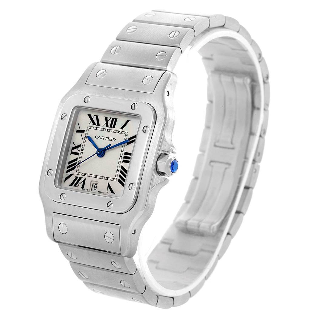The image shows a Cartier Santos W20060D6 Stainless Steel Silver Dial W20060D6 Stainless Steel Silver Dial watch from a three-quarter angle, highlighting the face, bezel, crown, and stainless steel bracelet.