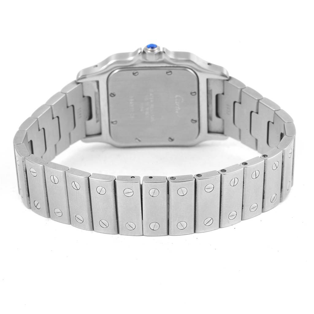 The image shows the back case and bracelet of the Cartier Santos W20060D6 Stainless Steel Silver Dial W20060D6 Stainless Steel Silver Dial watch, highlighting the screw details on the bracelet.